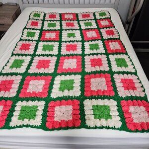 Granny Square Crocheted Afghan Blanket Throw Pink Green White 75" x 47"